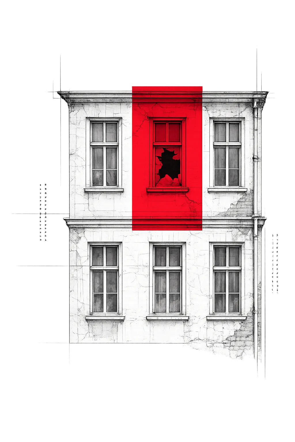 A line-drawn facade with one broken window marked in crimson