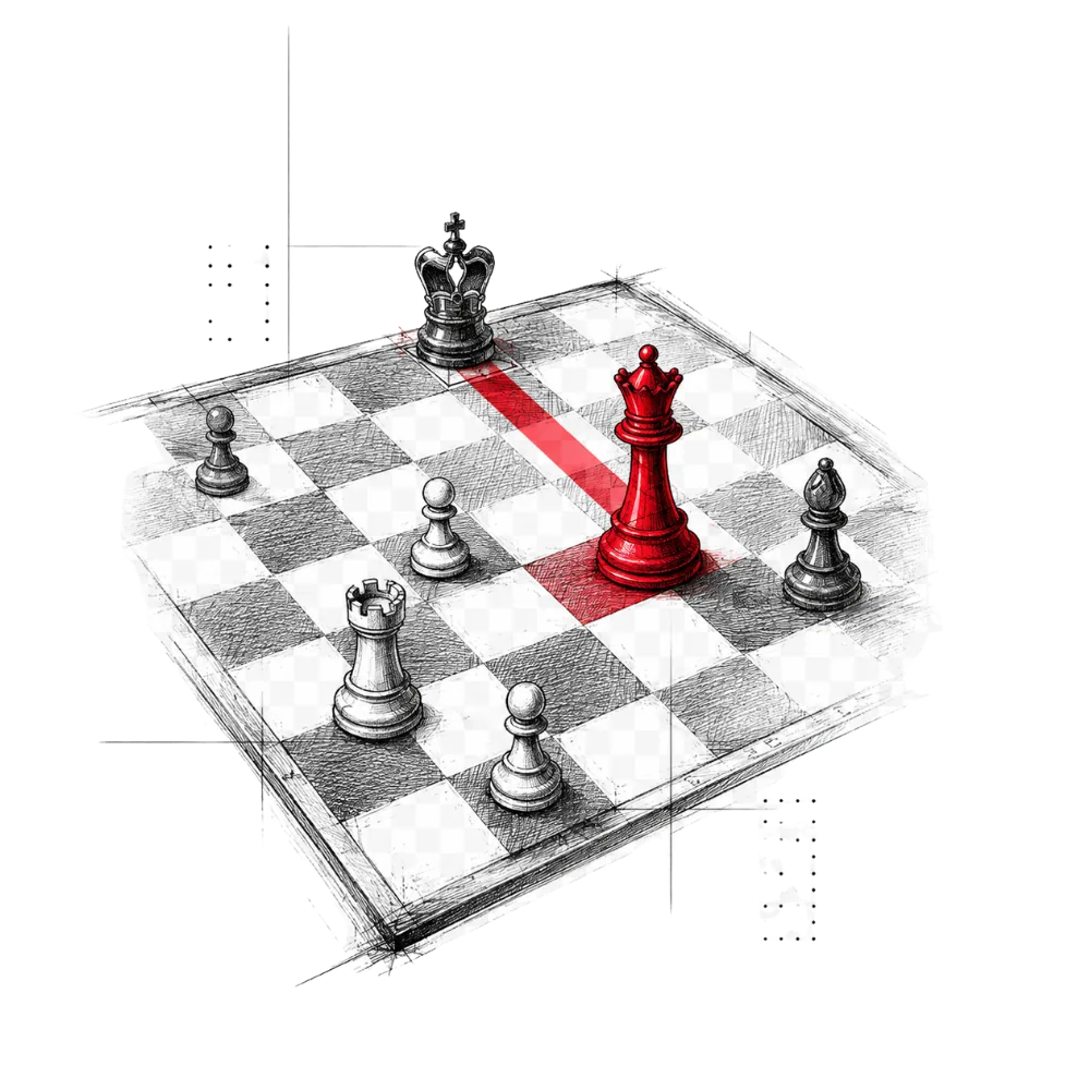 A line-drawn chessboard, the crimson queen advancing on the king