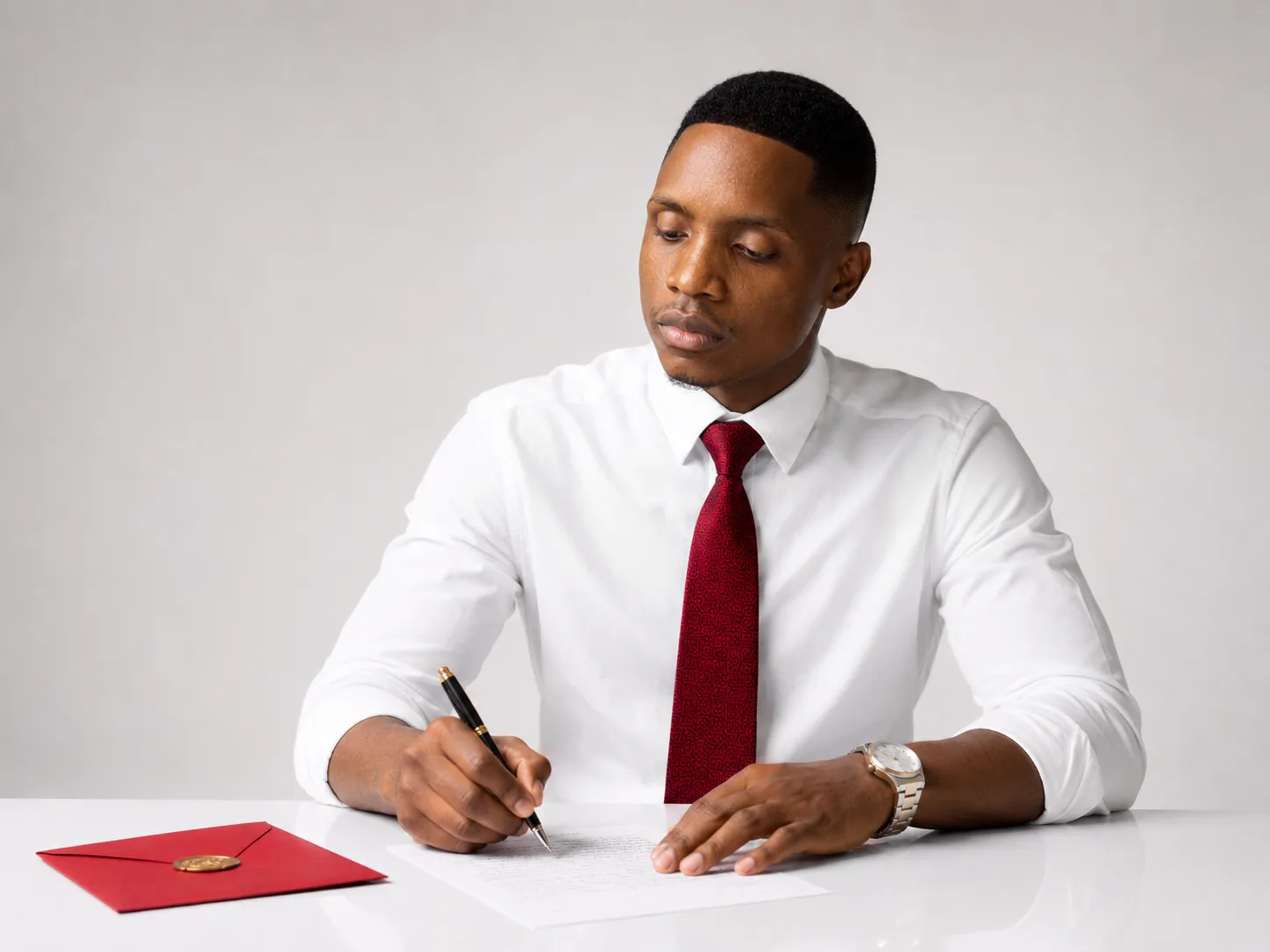 Omar Stone at the desk, writing the letter