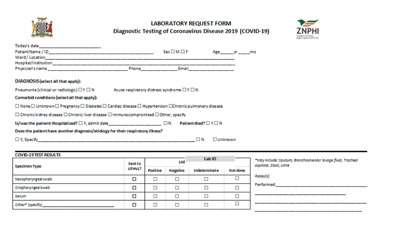 ZNPHI COVID-19 laboratory request form